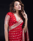 Durga Puja Saree with Red and Silver Color Butties and Border-060 - indeloom