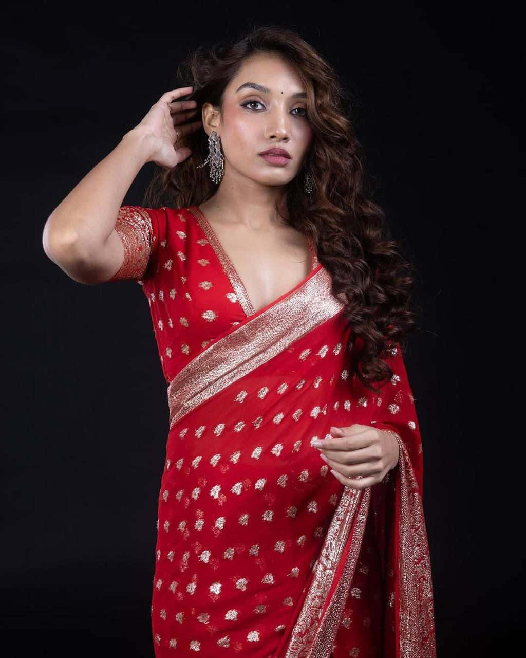 Durga Puja Saree with Red and Silver Color Butties and Border-060 - indeloom