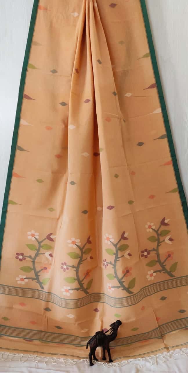 Floral Brown Bengal Pure Cotton Jamdani Saree-032 - indeloom