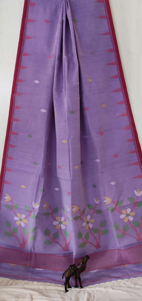 Floral Iris Purple Bengal Pure Cotton Jamdani Saree-028 - indeloom