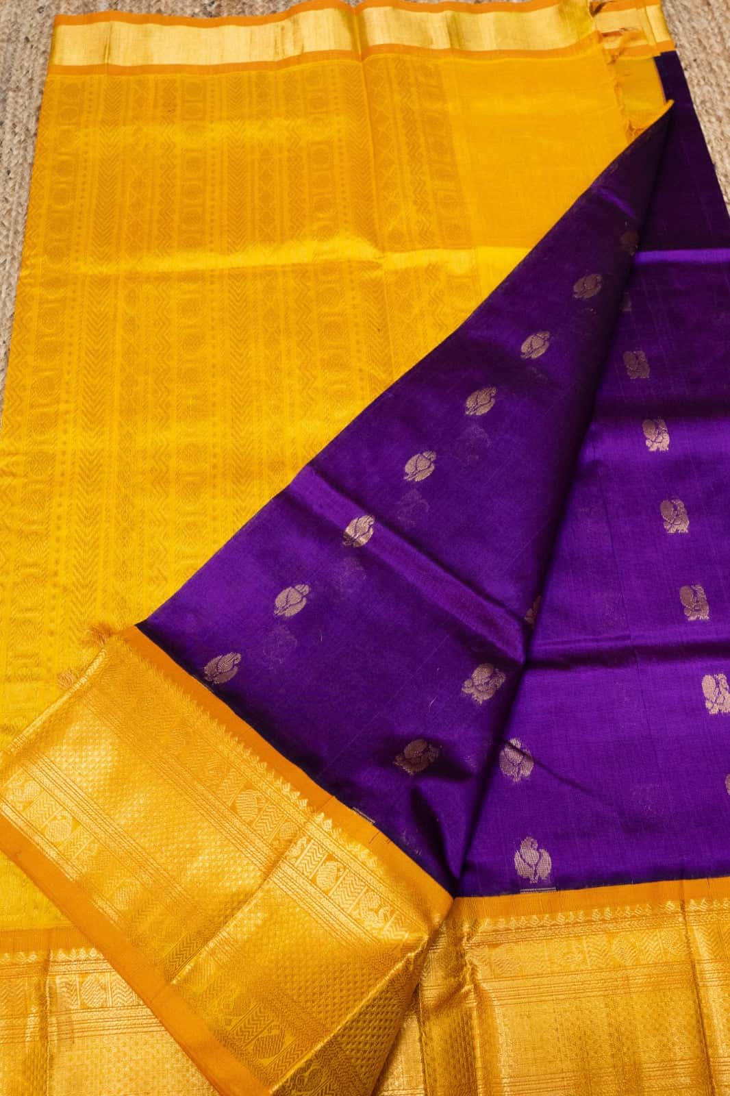 Pure handloom Korvai Silk Cotton Saree in Plum Purple and Golden Yellow Border - 110