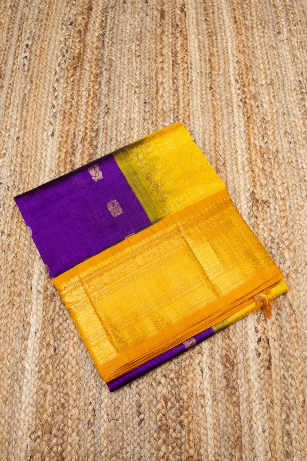 Pure handloom Korvai Silk Cotton Saree in Plum Purple and Golden Yellow Border - 110