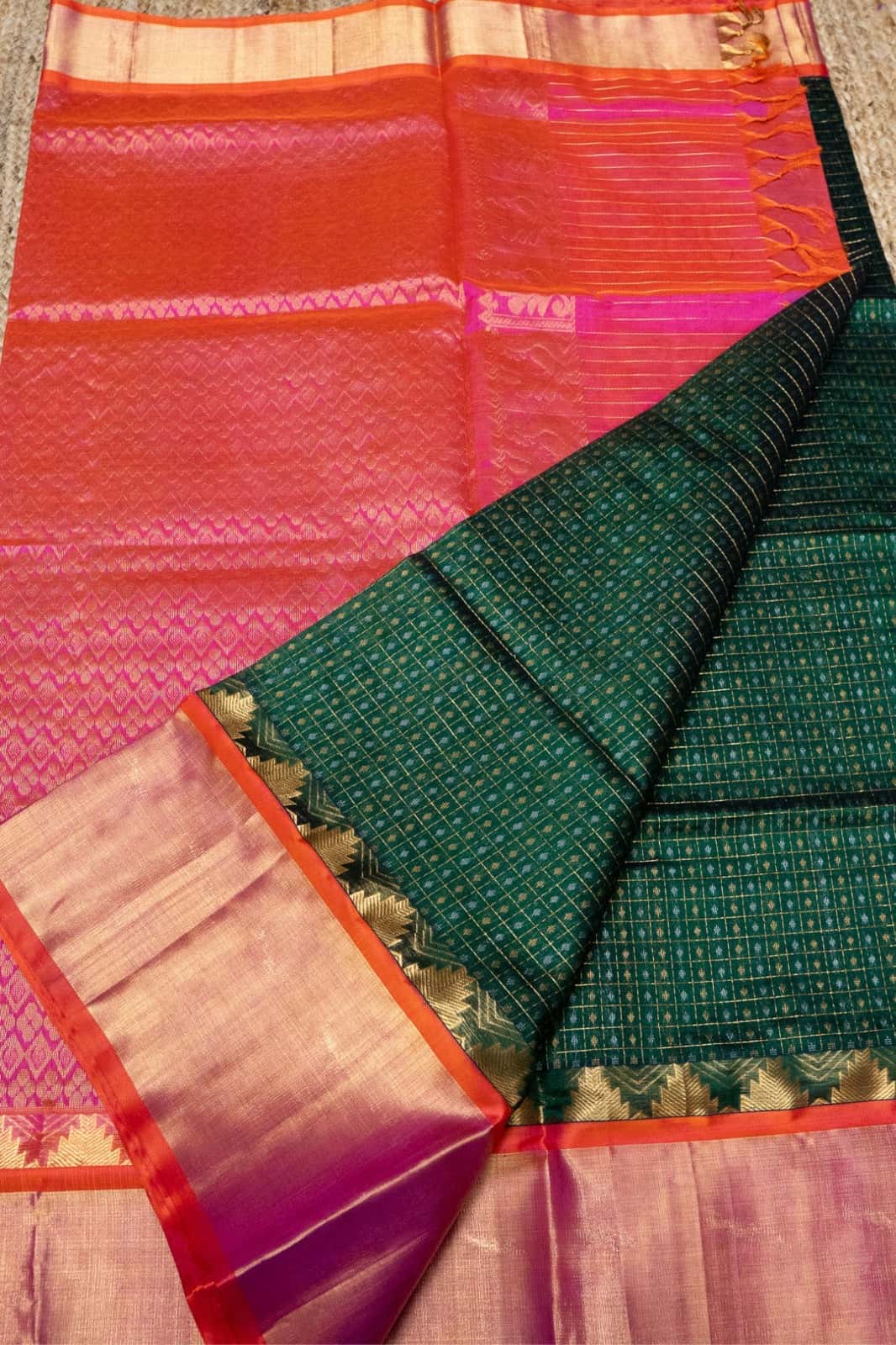 Pure handloom Korvai Silk Cotton Lakshadeepam Saree in Dark Green and Golden Red Border - 016