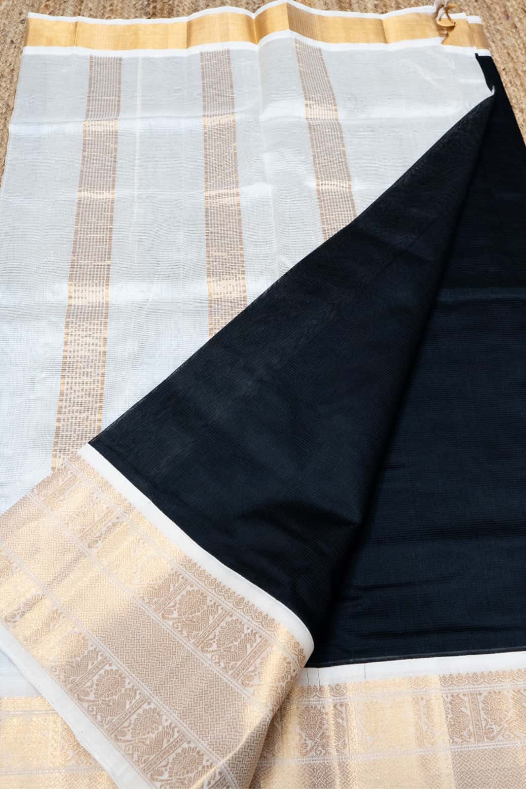 Pure handloom Korvai Silk Cotton Saree in Rich Black and White Border - 106