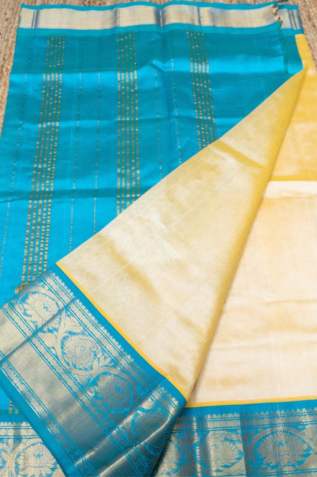 Pure Handloom Korvai Silk Cotton Saree in Light Yellow and Blue Border - 111