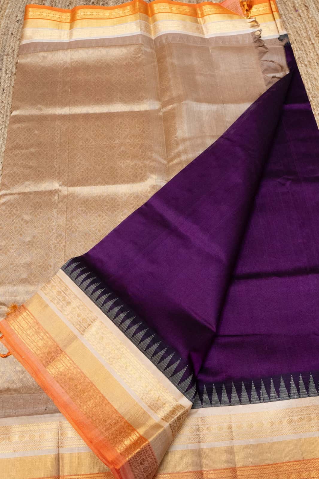 Pure Handloom Korvai Saree | Wine Purple and Orange Border | Temple Border