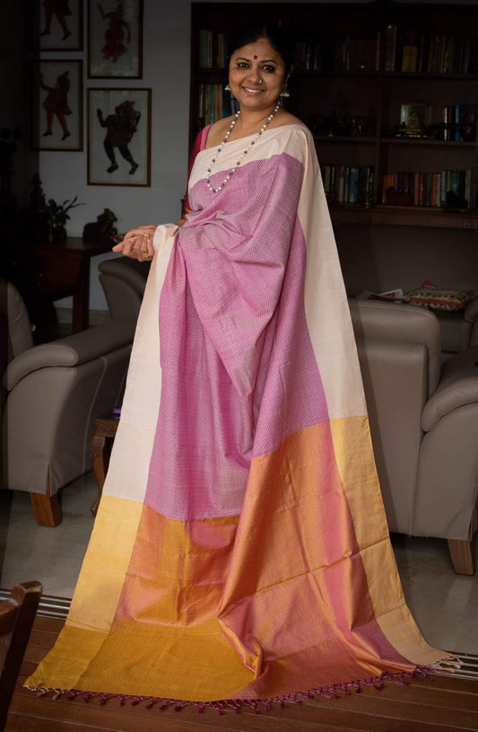 Ilkal Khun Silk Saree With Baby Pink and White Border - 069