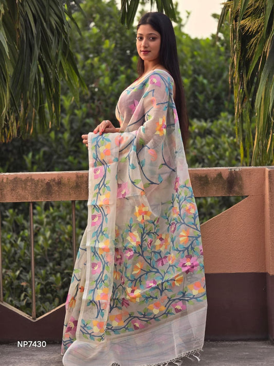 Handwoven Pure Jamdani Cotton Saree | Pearl White