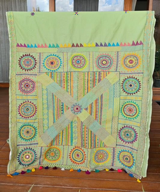 Mercerised cotton Ilkal Lambani Saree With Pastel Green - 011