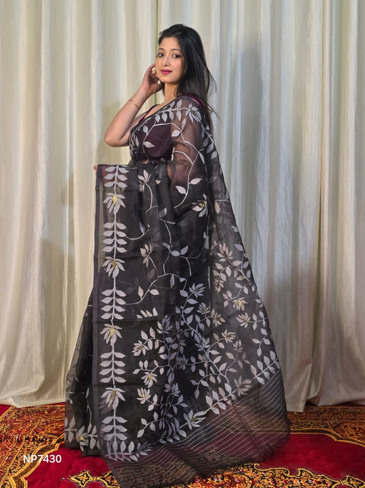 Pure Tantuj Muslin Jamdani Needle Work Handwoven Saree In Soft Black - 161