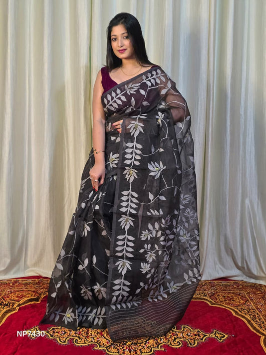 Pure Tantuj Muslin Jamdani Needle Work Handwoven Saree In Soft Black - 161