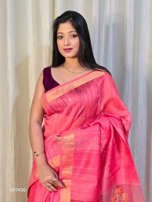 Pure Matka Jamdani Handwoven Saree In Deep Pink - 162