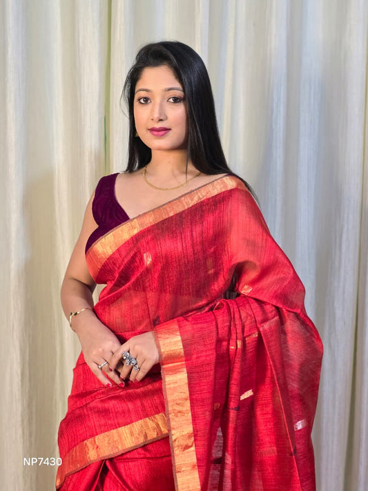 Pure Matka Jamdani Handwoven Saree In Ruby Red - 163