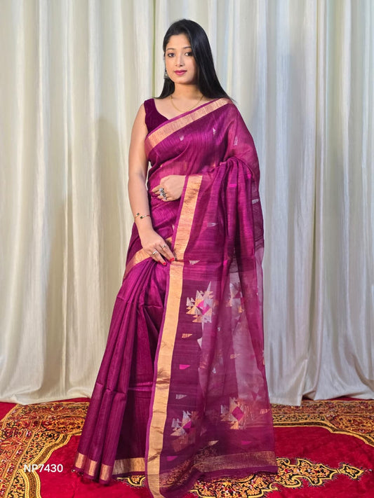 Pure Matka Jamdani Handwoven Saree In Grape Purple - 164