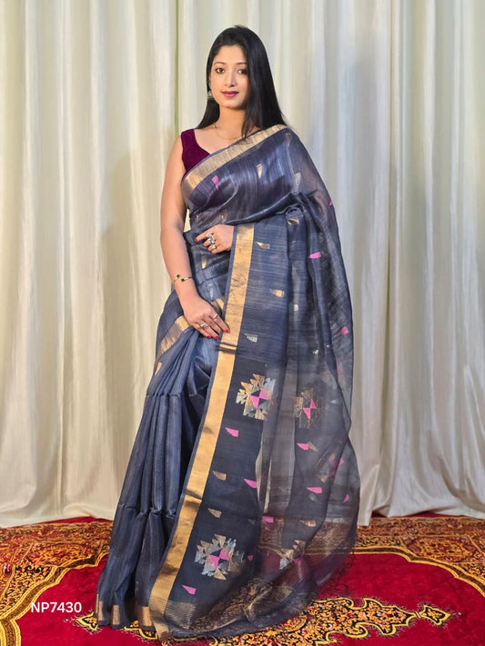 Pure Matka Jamdani Handwoven Saree In Space Blue - 167