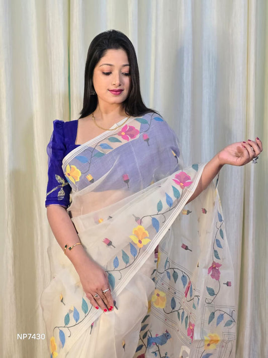 Pure Tantuj Muslin Jamdani Needle Work Handwoven Saree In Snow White - 169