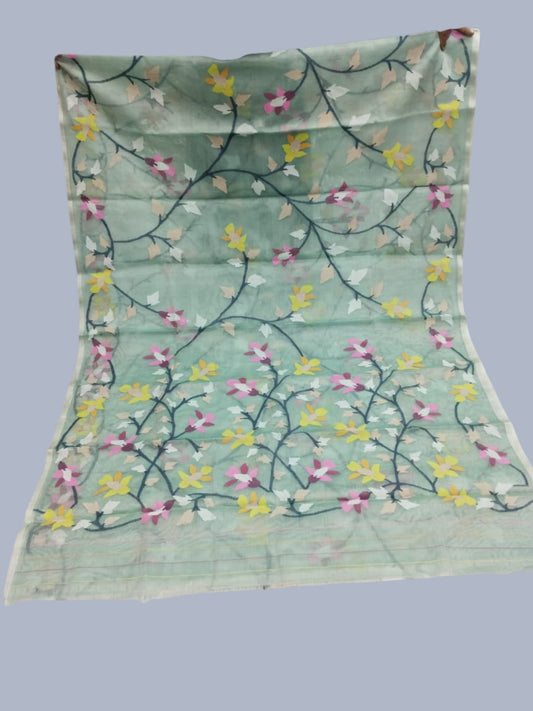Handwoven Pure Jamdani Cotton Saree | Peacock Teal