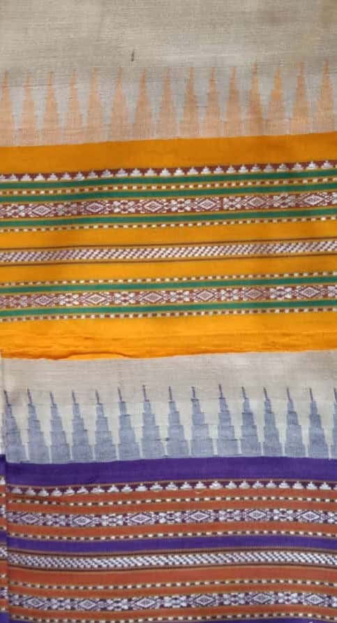 Beige & Yellow, Handloom Vidarbha Tussar Silk Saree with Multicolor Contrast Border-015 - indeloom