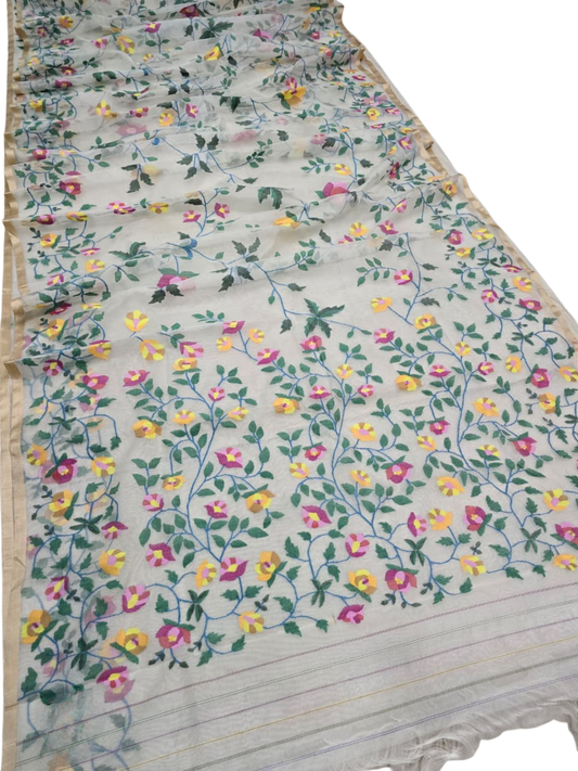 Indeloom's cream handwoven jamdani Silk Sarees