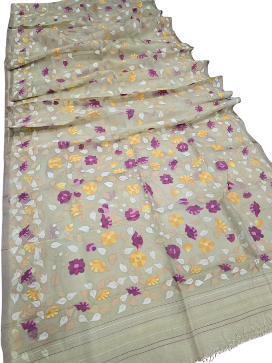 Indeloom's beige handwoven jamdani Silk Sarees
