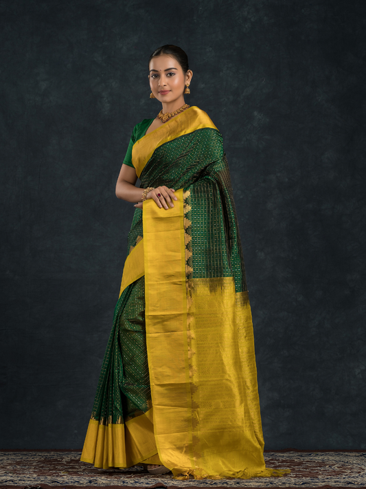 Pure Handloom Korvai Saree | Lakshadeepam  | Forest Green & Yellow
