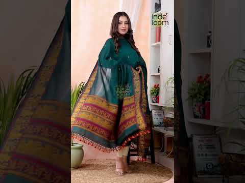 Deep Cyan | Handloom Jamdani Muslin Unstitched 2-Piece Kurti | Baluchari Design