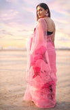 Dark Pink Florals on Organza Hand-painted Saree-009 - indeloom