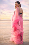 Dark Pink Florals on Organza Hand-painted Saree-009 - indeloom