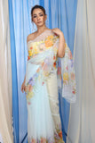 Yellow Orange Floral Garden Pastel Blue Shade-Organza Hand-painted Sari-046