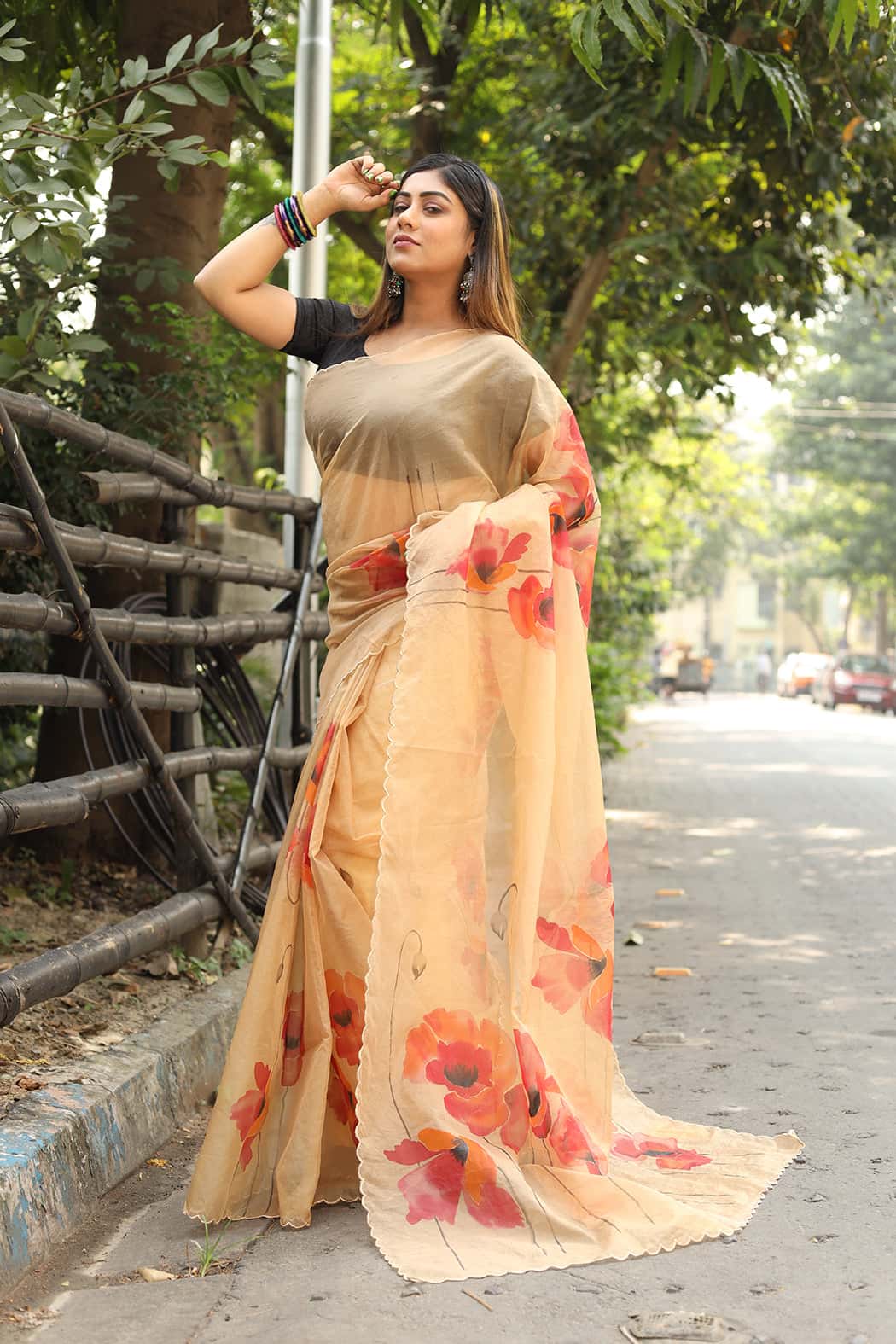 Florals on Light Orannge Organza Hand-painted Saree-069 - indeloom