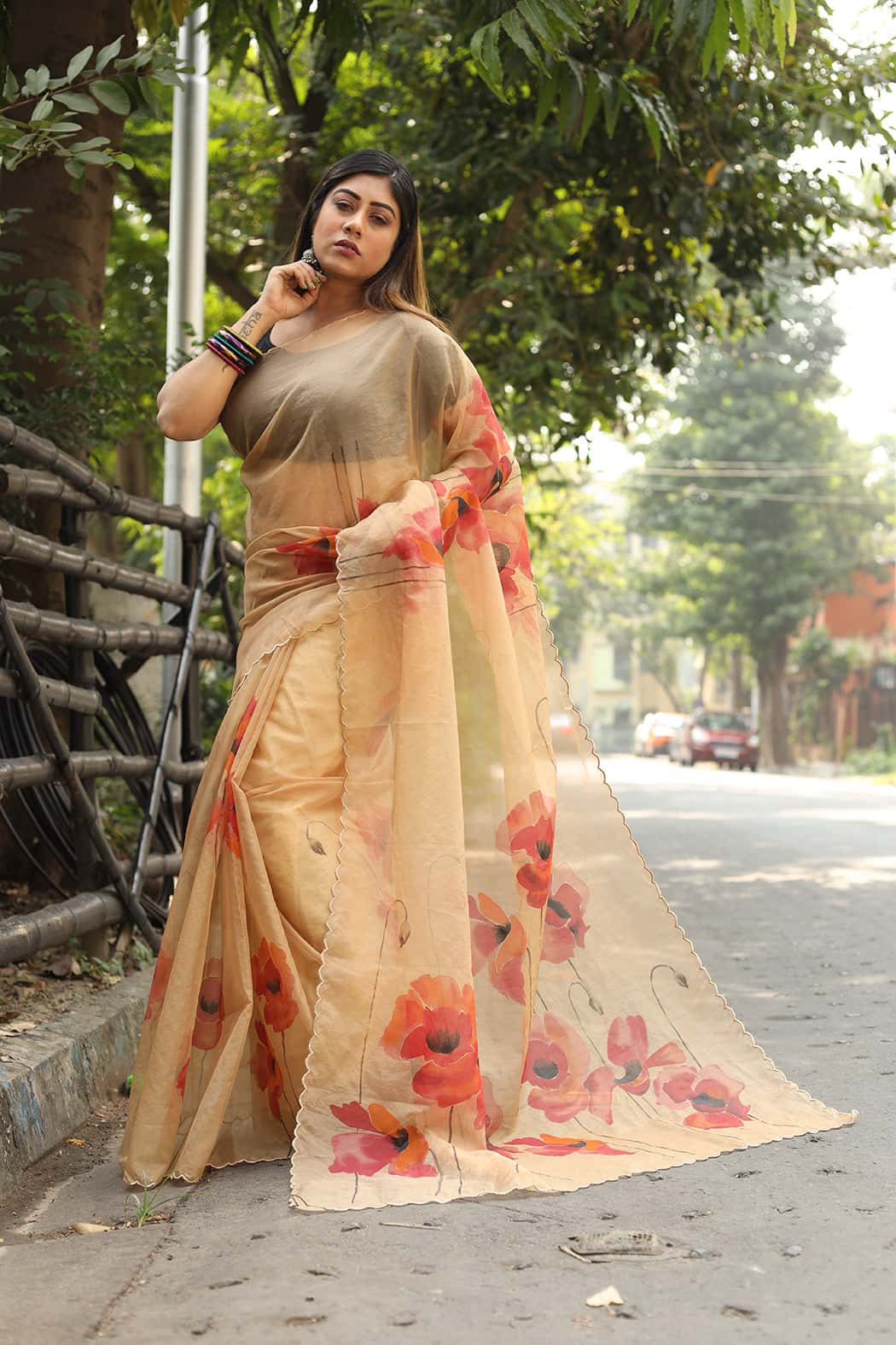 Florals on Light Orannge Organza Hand-painted Saree-069 - indeloom