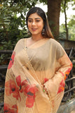 Florals on Light Orannge Organza Hand-painted Saree-069 - indeloom