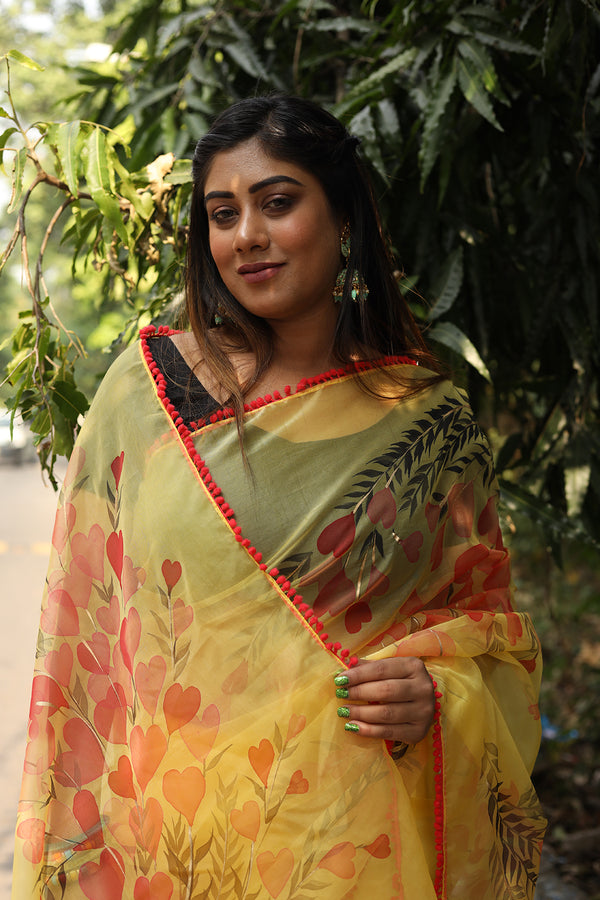 Red Poppeis on Yellow Organza Hand-painted Saree