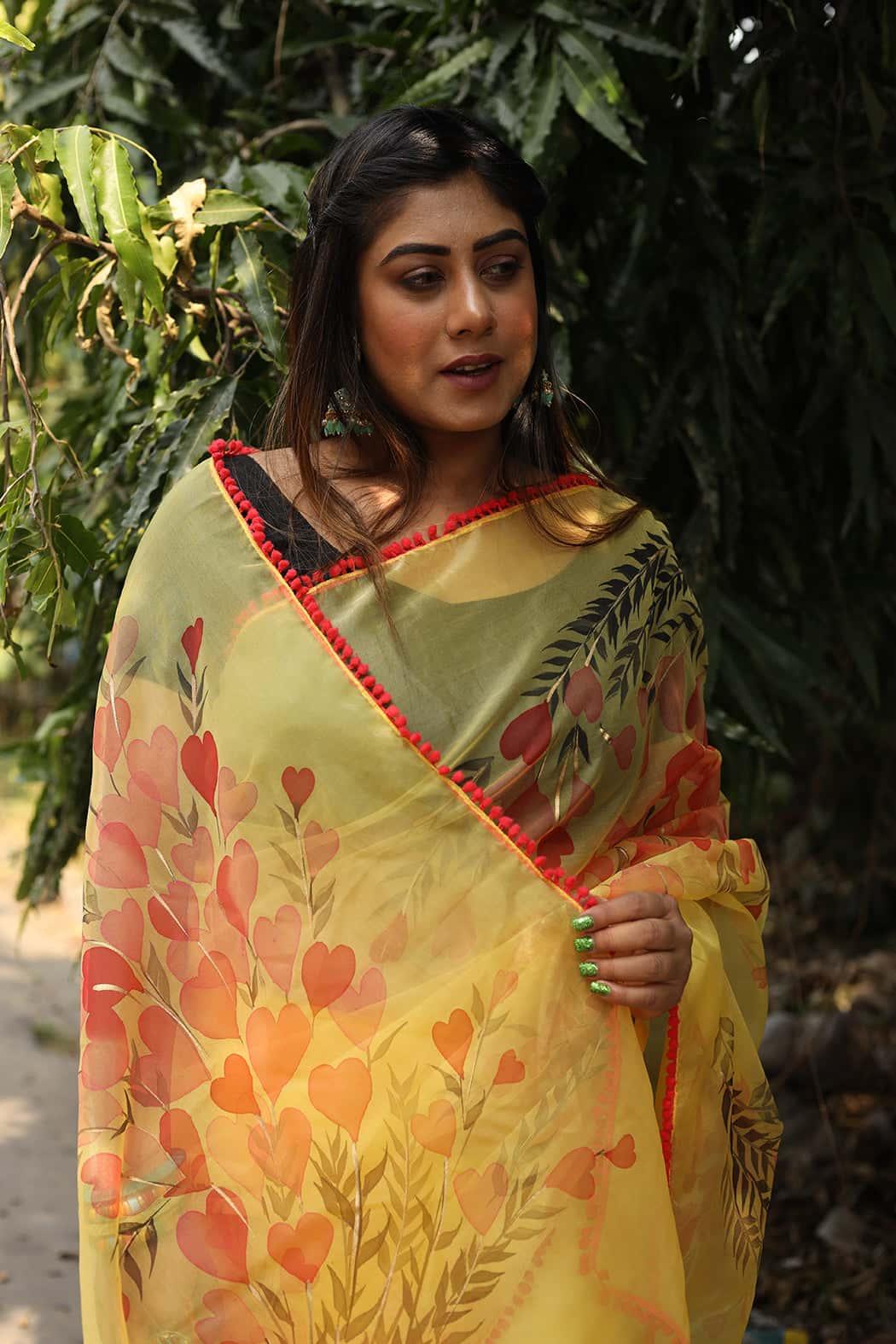 Red Poppeis on Yellow Organza Hand-painted Saree-072