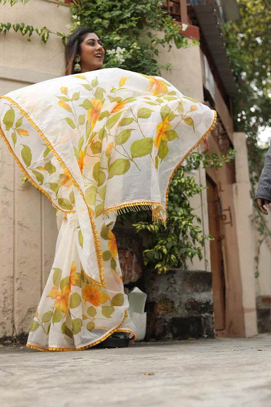 Green and Yellow Florals on Organza Hand-painted Saree-074 - indeloom