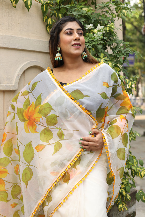 Green and Yellow Florals on Organza Hand-painted Saree