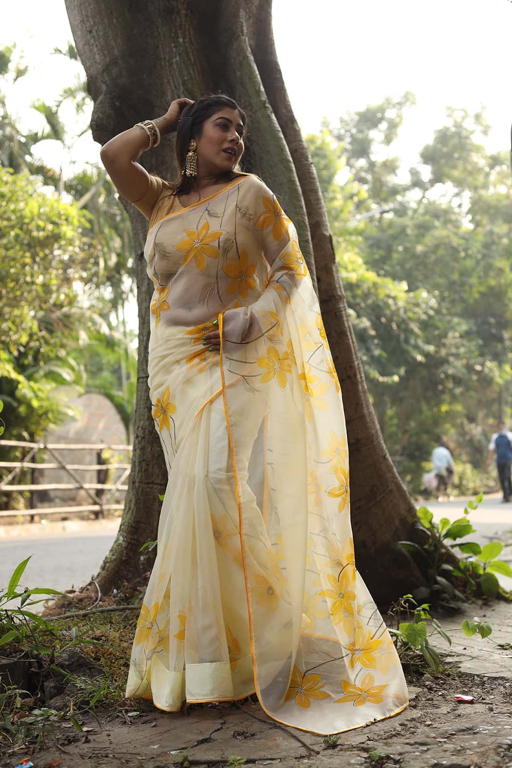Exclusive Yellow Florals on Organza Hand-painted Sari-073 - indeloom