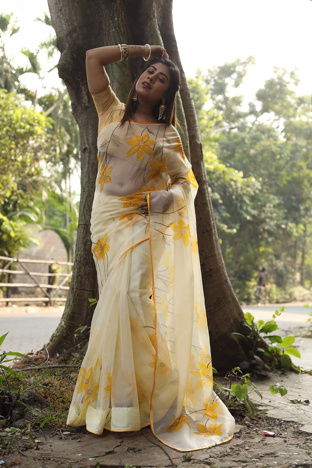 Exclusive Yellow Florals on Organza Hand-painted Sari-073 - indeloom