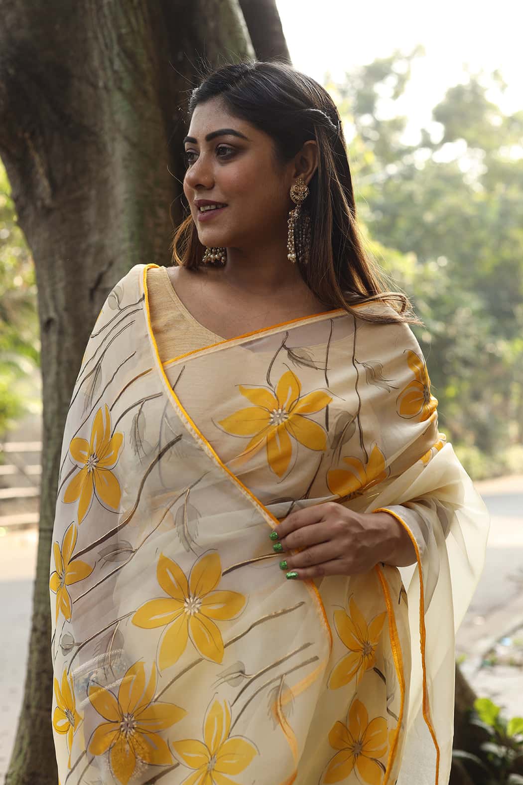 Exclusive Yellow Florals on Organza Hand-painted Sari-073 - indeloom