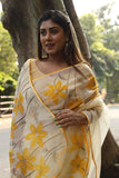 Exclusive Yellow Florals on Organza Hand-painted Sari-073 - indeloom