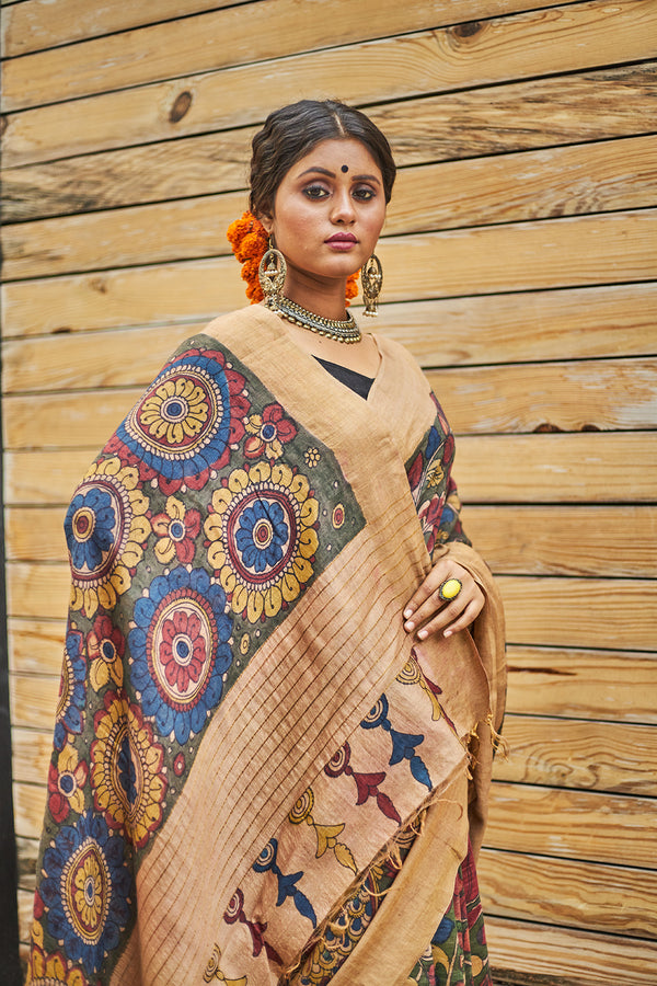 Pen Kalamkari Sari All Over Floral - Tussar Silk