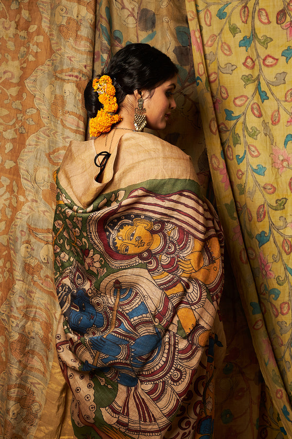 Pen Kalamkari Saree Exclusive Radha and Lord Srikrishna Design on Tussar Silk