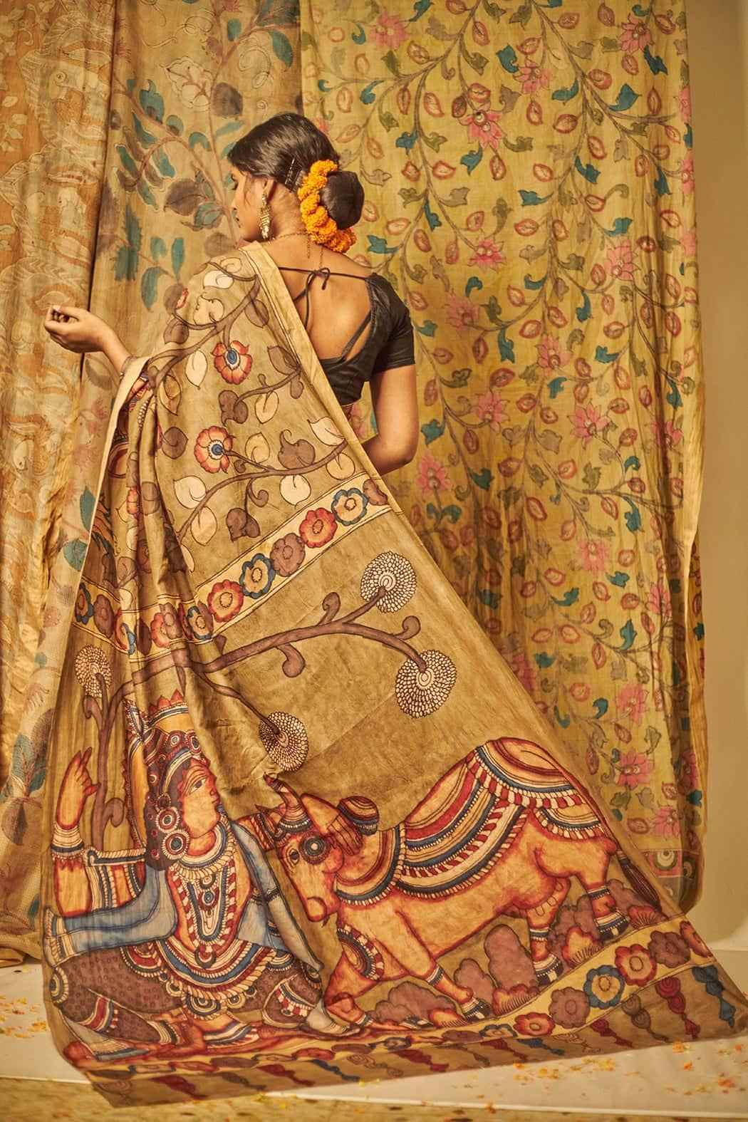 Traditional Handpainted Pen Kalamkari Tussar Silk Saree | Taupe Grey