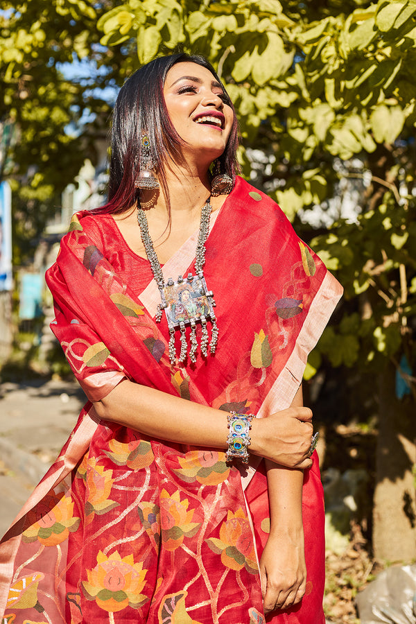 Ruby Red & Floral Muslin Silk Muslin Silk Jamdani Saree-032