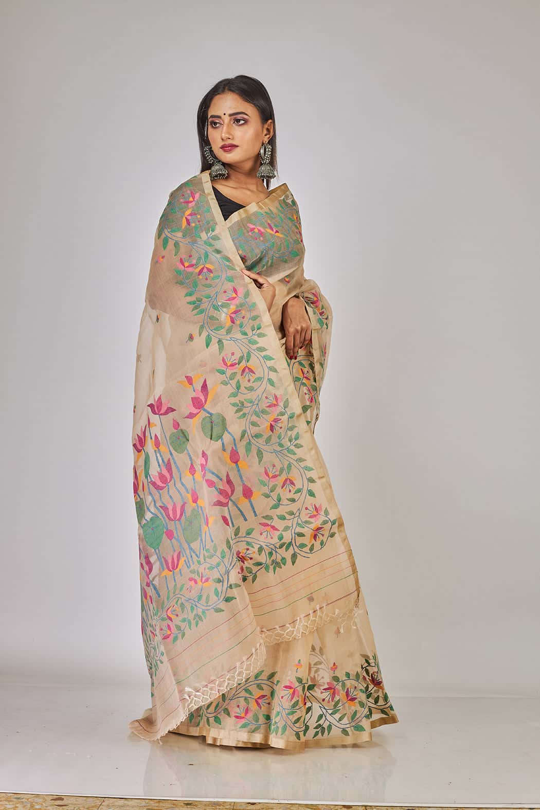 Cream Lotus Garden & Leafs Silk Jamdani Saree-021 - indeloom