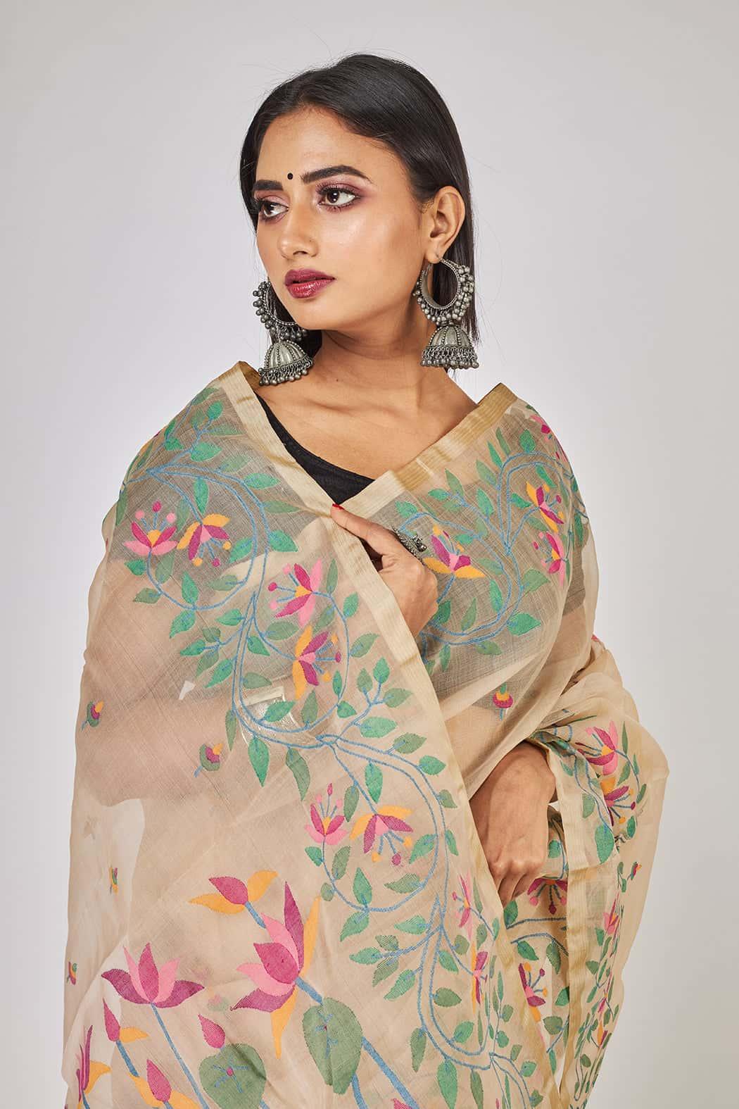 Cream Lotus Garden & Leafs Silk Jamdani Saree-021 - indeloom