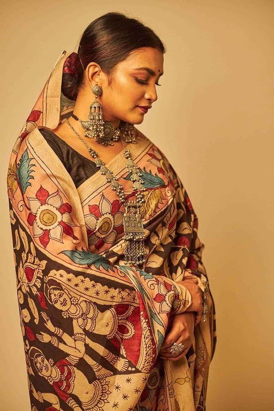 Traditional Handpainted Pen Kalamkari Mulberry Silk Saree | Peach Orange