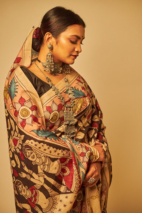 Exclusive World Renowned Ajanta Paintings All Over Florals On Mulberry Silk Pen Kalamkari Sari