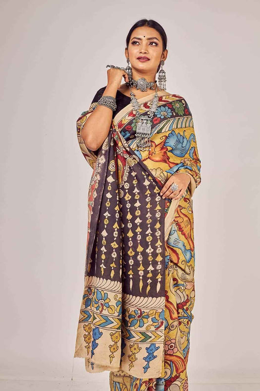 Traditional Handpainted Pen Kalamkari Mulberry Silk Saree | Wine Red