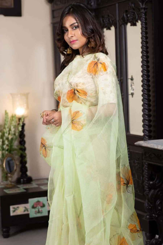 Poppy Vector Handpainting on a Pastel Green-Organza Hand-painted Sari-022